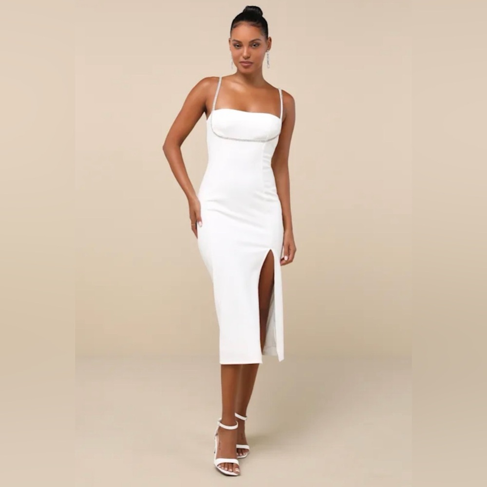 NWT lulus Upscale Flirt rhinestone detail front slit midi Ivory Dress XS